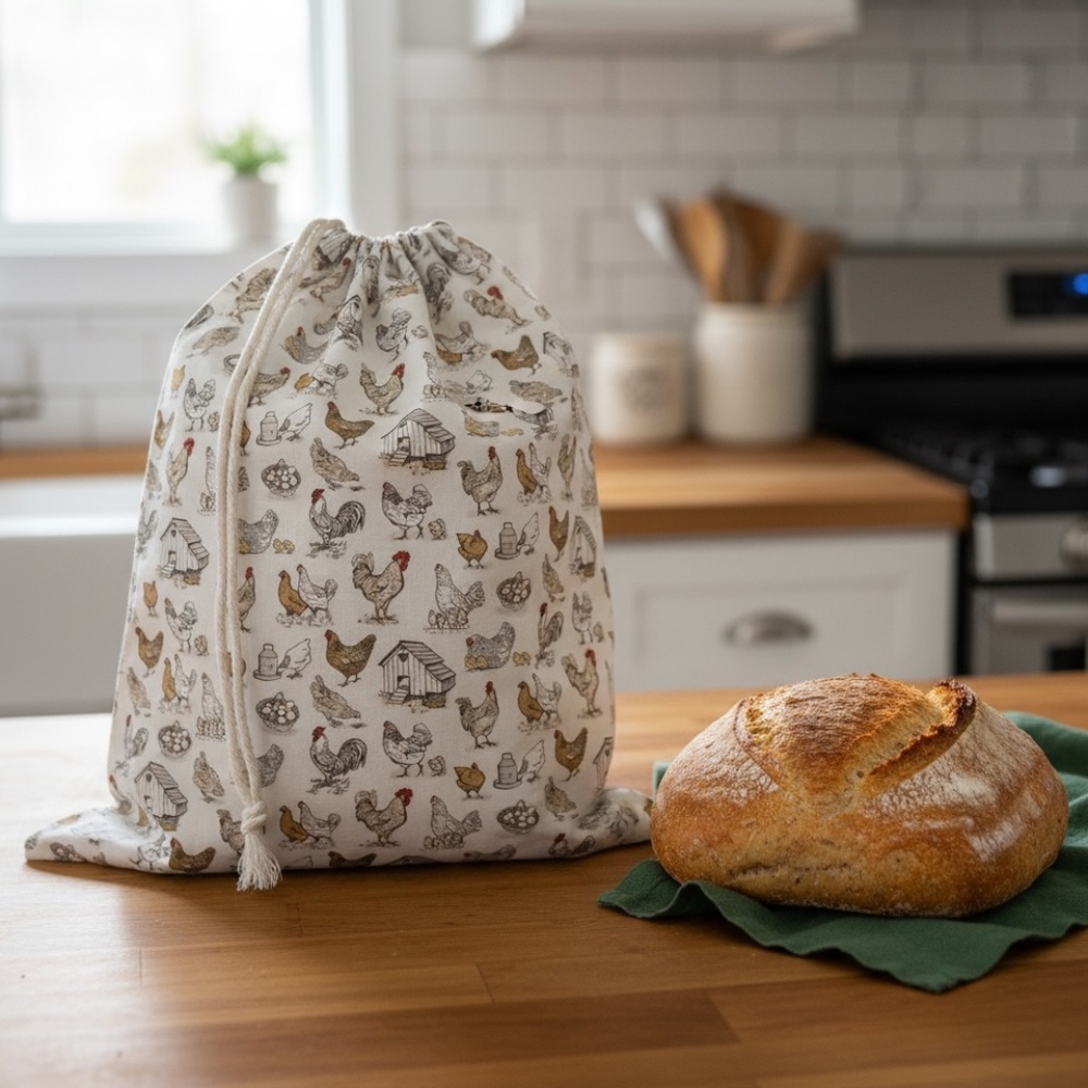 Farmhouse Rooster Cotton Bread Bag, Reusable Sourdough Storage, Handmade Bread